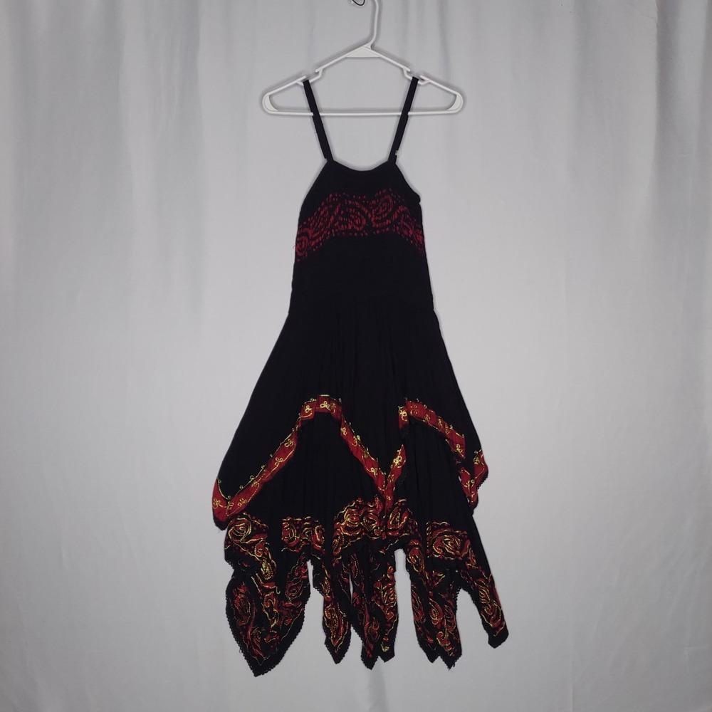 Flamenco Dress Small Black Asymmetric Strappy Embroidered Whimsigoth Cosplay